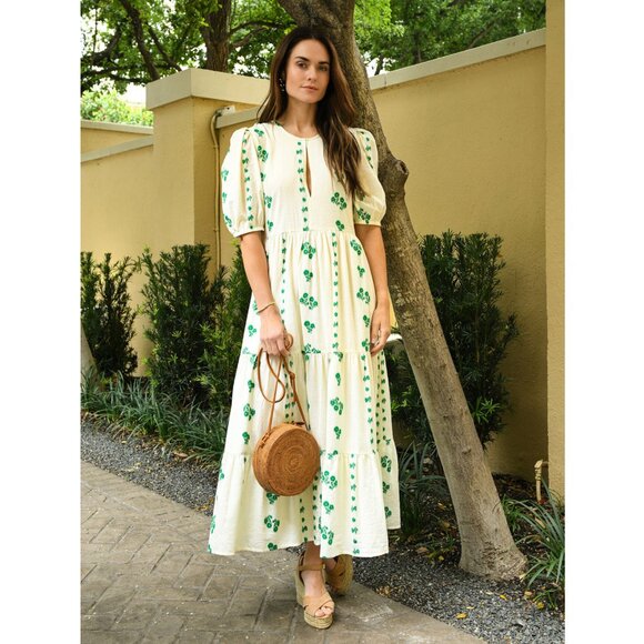 OLIPHANT Tuckernuck Wicklow Puff Sleeve Embroidered Print Maxi Midi Dress - Picture 4 of 10
